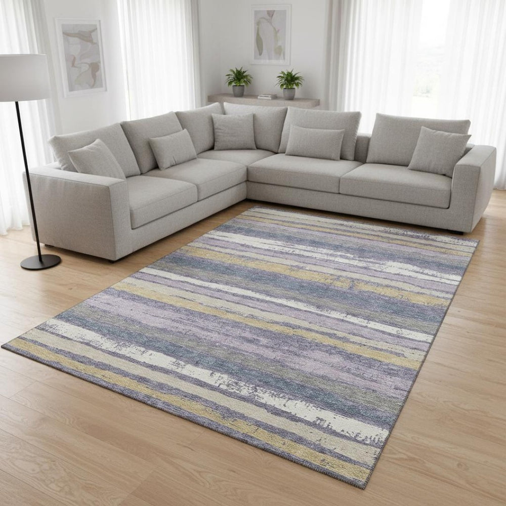 HomeRoots 9' X 12' Striped Washable Area Rug in Purple, Gold & Ivory - Durable, UV-Protected, Stain-Resistant Design! 680042