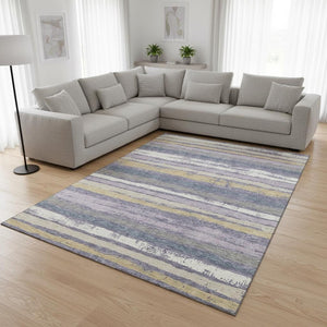 HomeRoots 9' X 12' Striped Washable Area Rug in Purple, Gold & Ivory - Durable, UV-Protected, Stain-Resistant Design! 680042