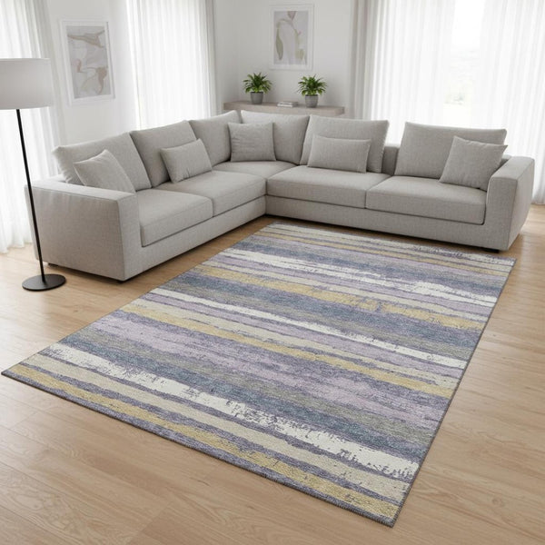 HomeRoots 9' X 12' Striped Washable Area Rug in Purple, Gold & Ivory - Durable, UV-Protected, Stain-Resistant Design! 680042