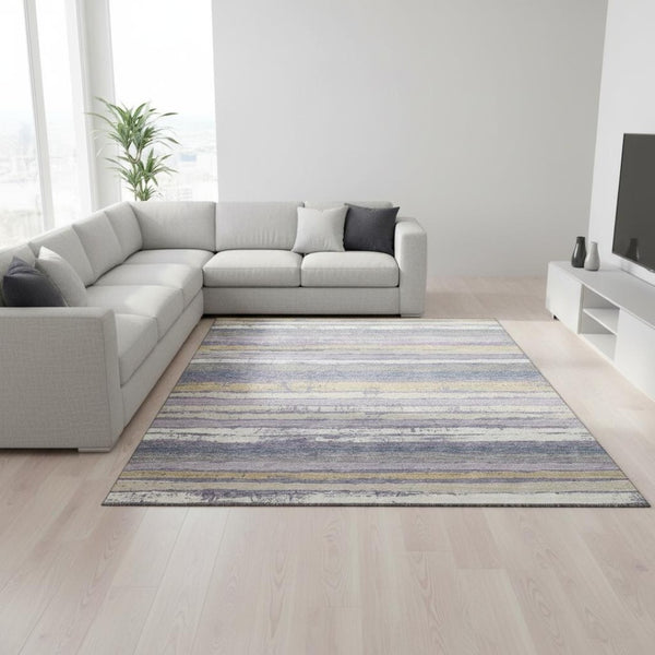HomeRoots 10' X 14' Washable Purple, Gold & Ivory Striped Area Rug with UV Protection for High-Traffic Areas 680043