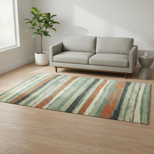 HomeRoots 5' X 8' Sage Orange Beige Striped Area Rug - Washable, UV-Protected, Stain-Resistant, Cozy Comfort 680045