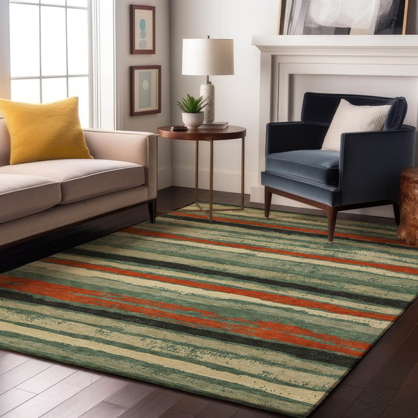 HomeRoots 5' X 8' Sage Orange Beige Striped Area Rug - Washable, UV-Protected, Stain-Resistant, Cozy Comfort 680045