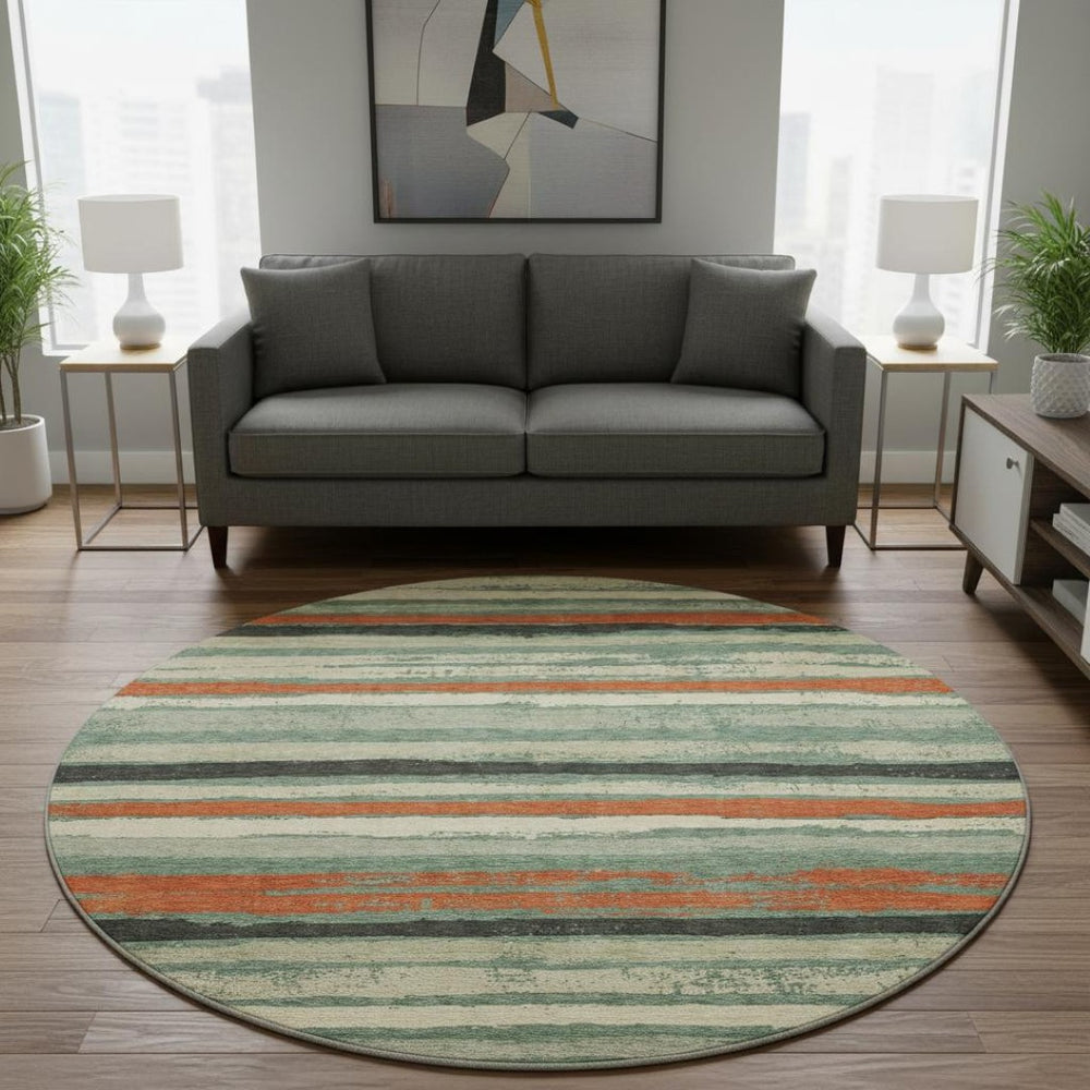 HomeRoots 8' Durable Sage Orange Beige Striped Round Rug – Washable, UV-Protected, Ideal for Homes with Kids & Pets 680046
