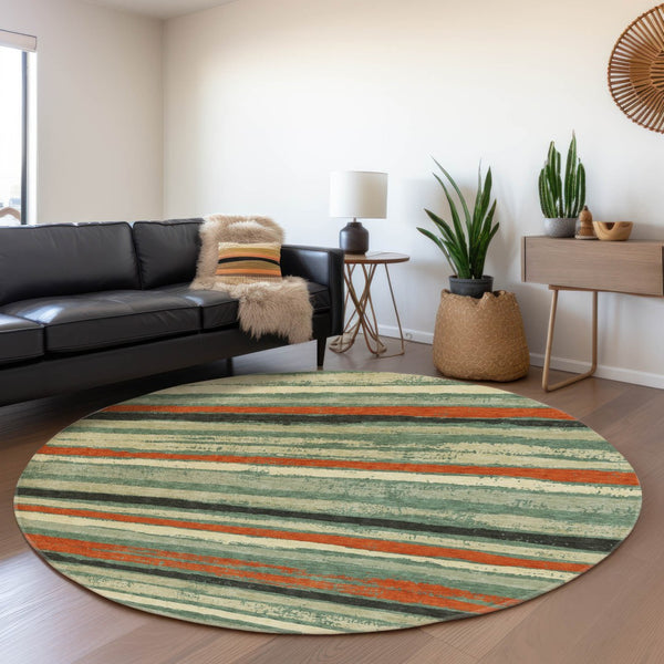 HomeRoots 8' Durable Sage Orange Beige Striped Round Rug – Washable, UV-Protected, Ideal for Homes with Kids & Pets 680046