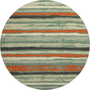 HomeRoots 8' Durable Sage Orange Beige Striped Round Rug – Washable, UV-Protected, Ideal for Homes with Kids & Pets 680046