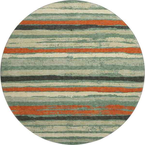 HomeRoots 8' Durable Sage Orange Beige Striped Round Rug – Washable, UV-Protected, Ideal for Homes with Kids & Pets 680046