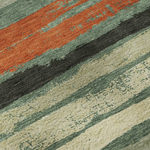 HomeRoots 8' Durable Sage Orange Beige Striped Round Rug – Washable, UV-Protected, Ideal for Homes with Kids & Pets 680046