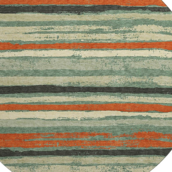 HomeRoots 8' Durable Sage Orange Beige Striped Round Rug – Washable, UV-Protected, Ideal for Homes with Kids & Pets 680046