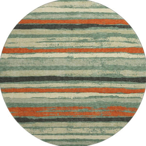 HomeRoots 8' Durable Sage Orange Beige Striped Round Rug – Washable, UV-Protected, Ideal for Homes with Kids & Pets 680046