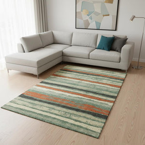 HomeRoots 8' X 10' Sage Orange And Beige Striped Area Rug - Durable, Stain-Resistant, UV Protected Style for Your Home 680047