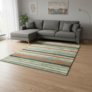HomeRoots 9' X 12' Sage, Orange & Beige Striped Washable Area Rug - UV Protected, Durable & Stylish Design! 680048