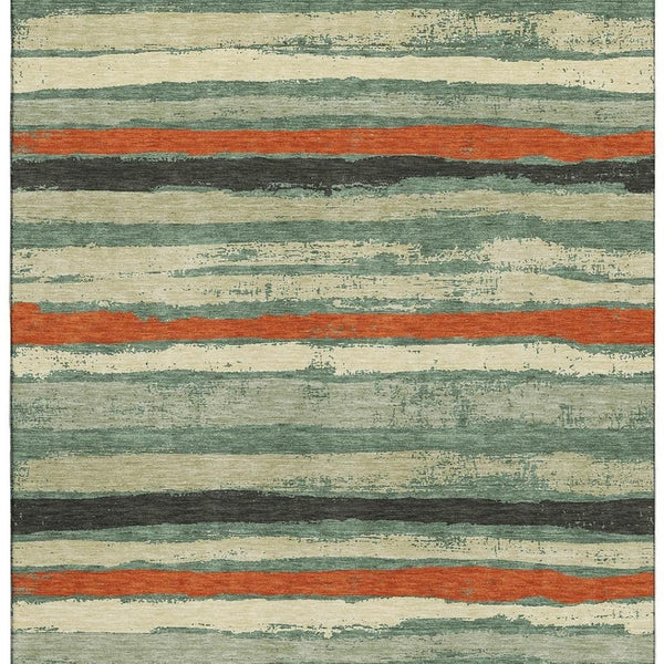 HomeRoots 9' X 12' Sage, Orange & Beige Striped Washable Area Rug - UV Protected, Durable & Stylish Design! 680048