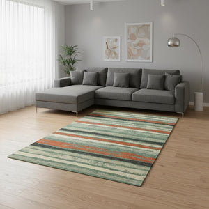 HomeRoots 10' Sage, Orange, and Beige Striped Washable Area Rug - Durable, UV-Protected for Any Space! 680049