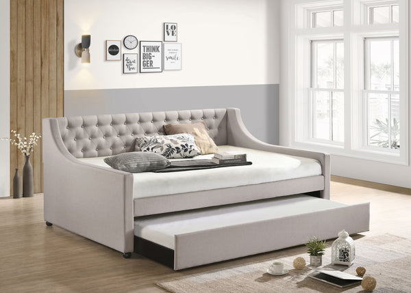 English Elm Lianna Upholstered Button-Tufted Full Daybed with Roll-Out Twin Trundle, Solid Wood Legs, Chic Design Fog 85 L x 17 W x 6 H B2726S00130