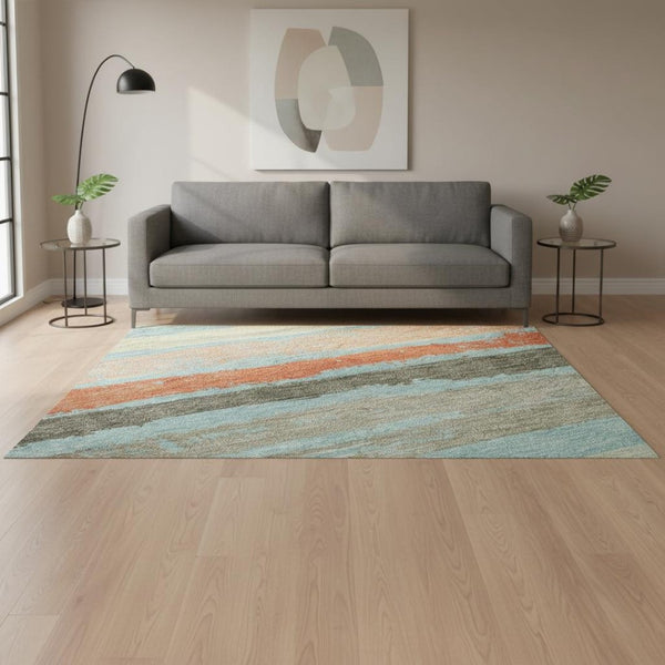 HomeRoots 5' X 8' Vibrant Striped Area Rug in Sky Blue, Orange & Ivory – Washable, UV-Protected & Durable Design 680051