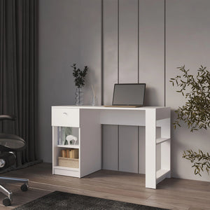 English Elm White Computer Desk Sleek Modern Home Office Table with Drawer, Two Open Shelves, Compact Storage Elegance B062P290243