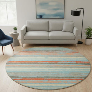 HomeRoots 8' Sky Blue, Orange & Ivory Striped Washable Round Rug with UV Protection for Family Spaces & Style 680052