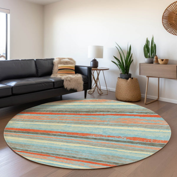 HomeRoots 8' Sky Blue, Orange & Ivory Striped Washable Round Rug with UV Protection for Family Spaces & Style 680052
