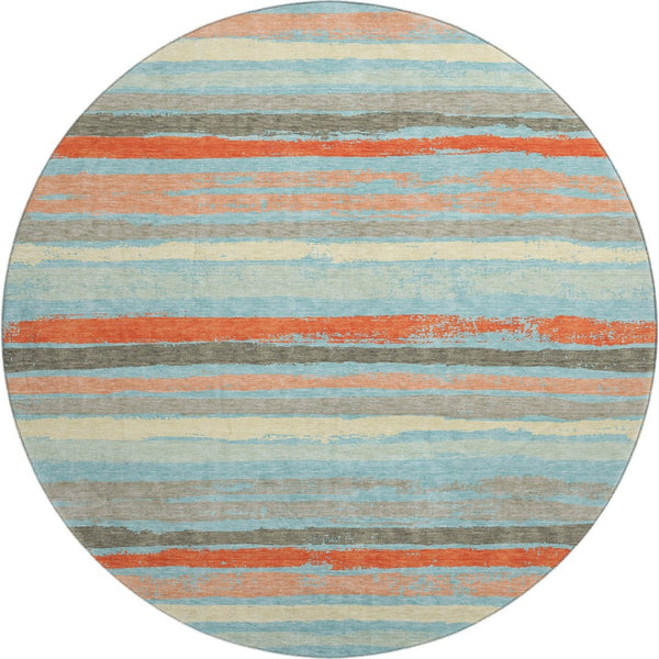 HomeRoots 8' Sky Blue, Orange & Ivory Striped Washable Round Rug with UV Protection for Family Spaces & Style 680052