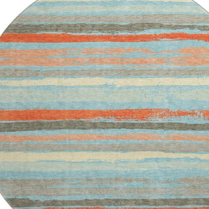 HomeRoots 8' Sky Blue, Orange & Ivory Striped Washable Round Rug with UV Protection for Family Spaces & Style 680052