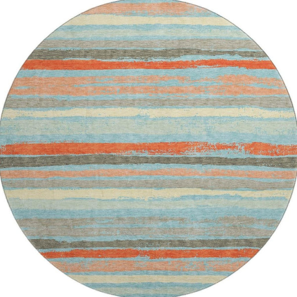 HomeRoots 8' Sky Blue, Orange & Ivory Striped Washable Round Rug with UV Protection for Family Spaces & Style 680052