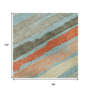 HomeRoots 8' X 10' Vibrant Sky Blue, Orange & Ivory Striped Washable Area Rug with UV Protection for Durability 680053