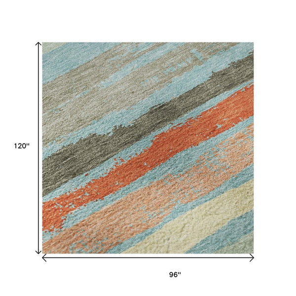 HomeRoots 8' X 10' Vibrant Sky Blue, Orange & Ivory Striped Washable Area Rug with UV Protection for Durability 680053