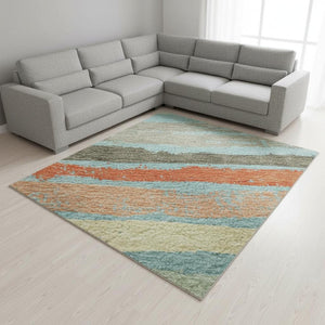 HomeRoots 8' X 10' Vibrant Sky Blue, Orange & Ivory Striped Washable Area Rug with UV Protection for Durability 680053
