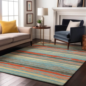 HomeRoots 9' X 12' Striped Sky Blue, Orange & Ivory Washable Area Rug - UV Protection & Stain Resistant! 680054