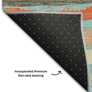 HomeRoots 9' X 12' Striped Sky Blue, Orange & Ivory Washable Area Rug - UV Protection & Stain Resistant! 680054