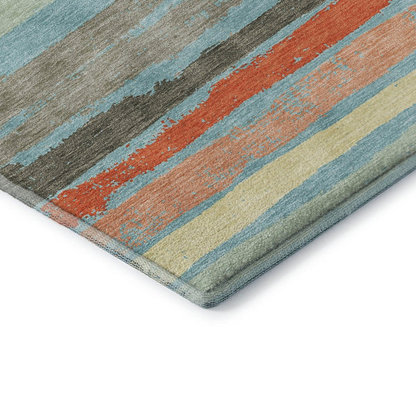 HomeRoots 9' X 12' Striped Sky Blue, Orange & Ivory Washable Area Rug - UV Protection & Stain Resistant! 680054