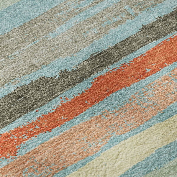 HomeRoots 9' X 12' Striped Sky Blue, Orange & Ivory Washable Area Rug - UV Protection & Stain Resistant! 680054