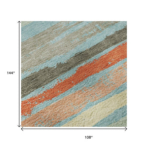 HomeRoots 9' X 12' Striped Sky Blue, Orange & Ivory Washable Area Rug - UV Protection & Stain Resistant! 680054