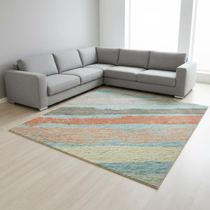 HomeRoots 9' X 12' Striped Sky Blue, Orange & Ivory Washable Area Rug - UV Protection & Stain Resistant! 680054