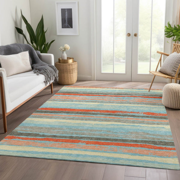 HomeRoots 10' Sky Blue, Orange & Ivory Striped Washable Area Rug - UV Protected, Stain Resistant for Homes 680055
