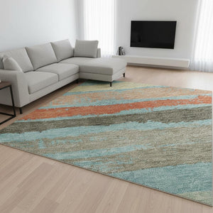 HomeRoots 10' Sky Blue, Orange & Ivory Striped Washable Area Rug - UV Protected, Stain Resistant for Homes 680055