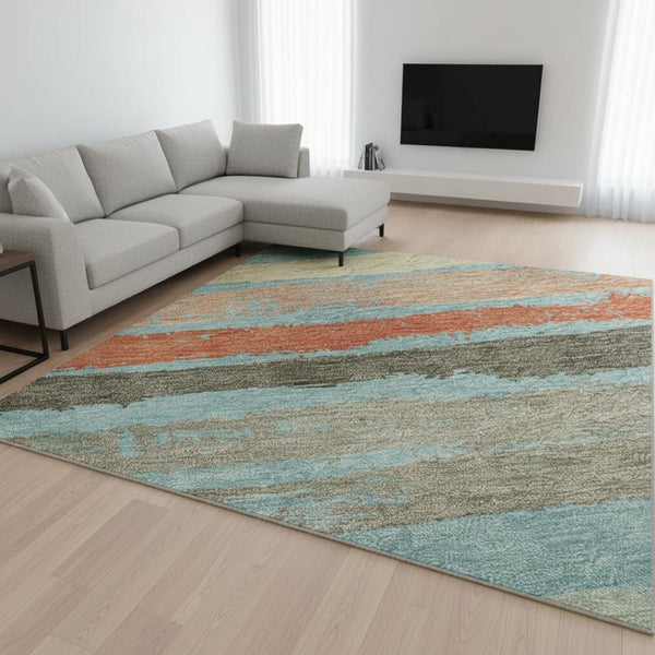 HomeRoots 10' Sky Blue, Orange & Ivory Striped Washable Area Rug - UV Protected, Stain Resistant for Homes 680055