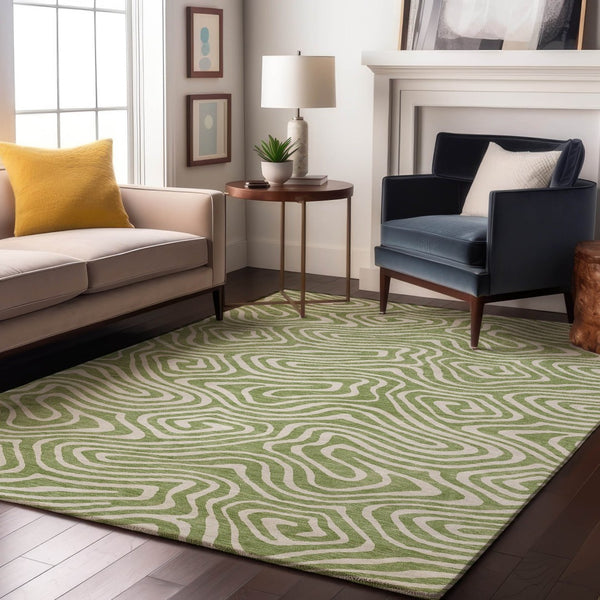 HomeRoots 5' X 8' Artichoke Green Abstract Washable Area Rug with UV Protection for Modern Homes & Families 680057