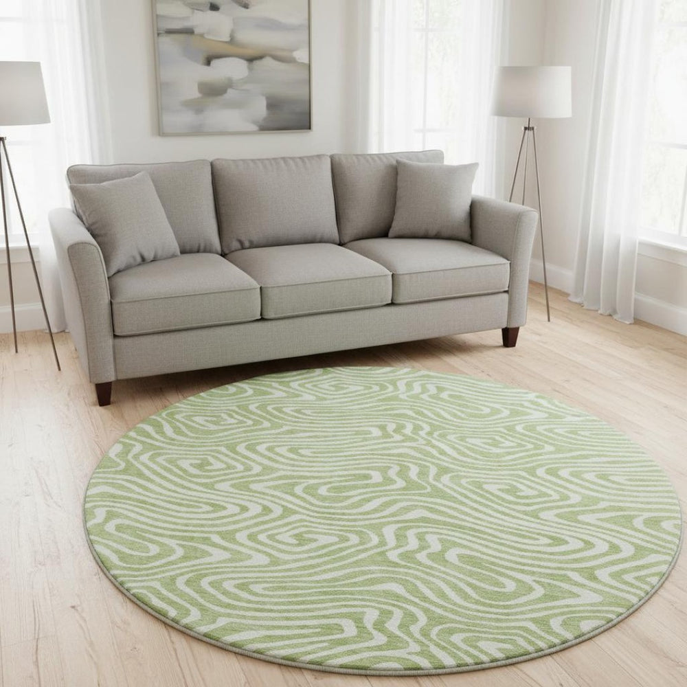 HomeRoots 8' Artichoke Green & Ivory Abstract Round Rug - Washable, UV-Protected, Durable for High Traffic Areas 680058
