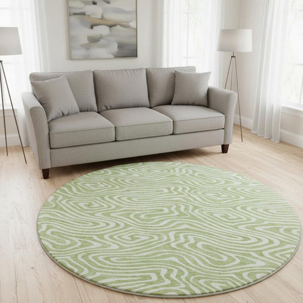 HomeRoots 8' Artichoke Green & Ivory Abstract Round Rug - Washable, UV-Protected, Durable for High Traffic Areas 680058