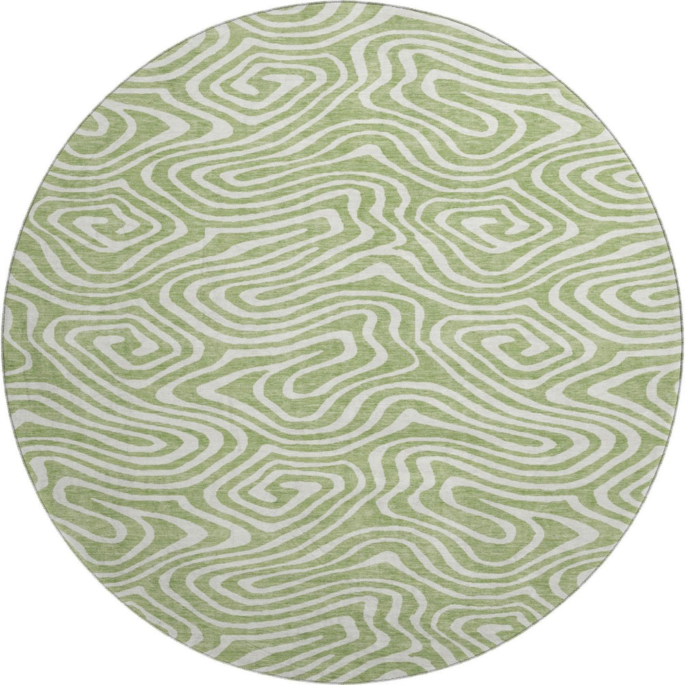 HomeRoots 8' Artichoke Green & Ivory Abstract Round Rug - Washable, UV-Protected, Durable for High Traffic Areas 680058