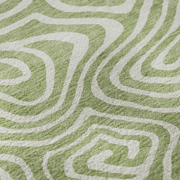 HomeRoots 8' Artichoke Green & Ivory Abstract Round Rug - Washable, UV-Protected, Durable for High Traffic Areas 680058