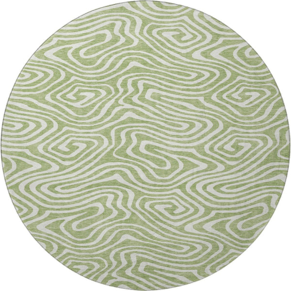 HomeRoots 8' Artichoke Green & Ivory Abstract Round Rug - Washable, UV-Protected, Durable for High Traffic Areas 680058