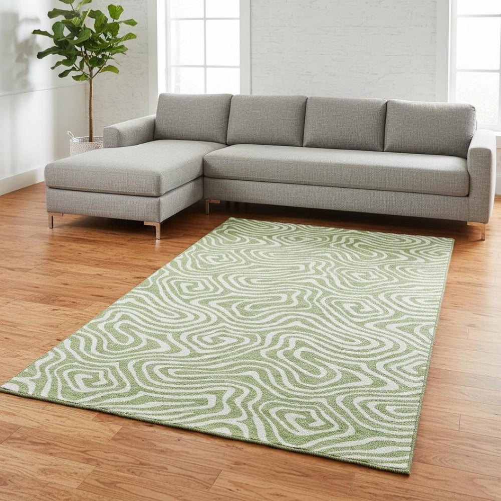 HomeRoots 8' X 10' Artichoke Green & Ivory Abstract Washable Area Rug - Stain Resistant & UV Protected Design 680059