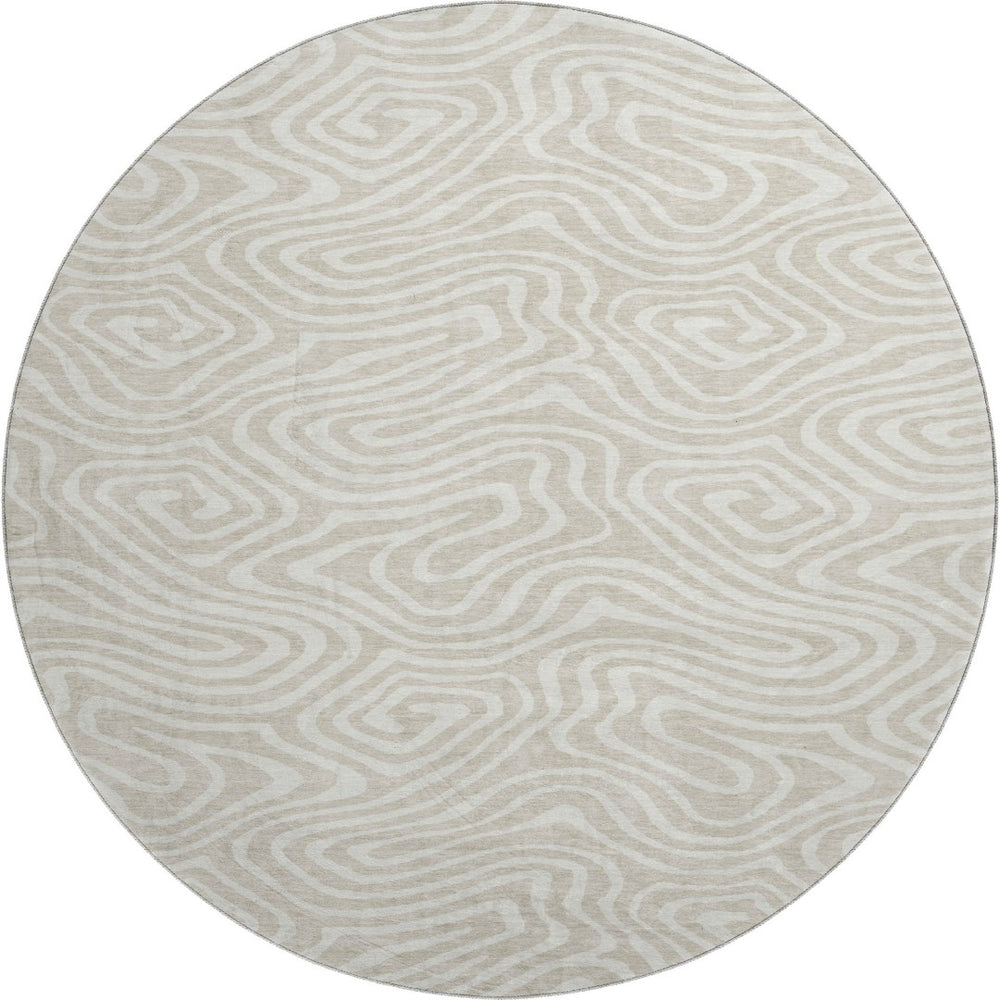 HomeRoots 8' Beige and Ivory Abstract Round Washable Rug - Stain Resistant, UV Protected for High Traffic Areas 680064