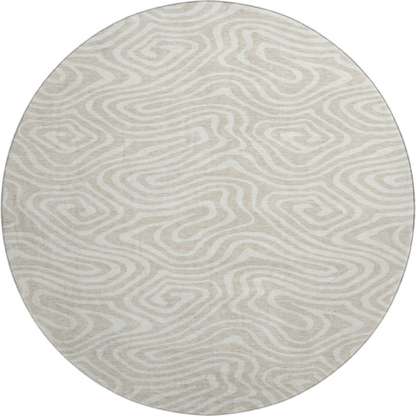 HomeRoots 8' Beige and Ivory Abstract Round Washable Rug - Stain Resistant, UV Protected for High Traffic Areas 680064