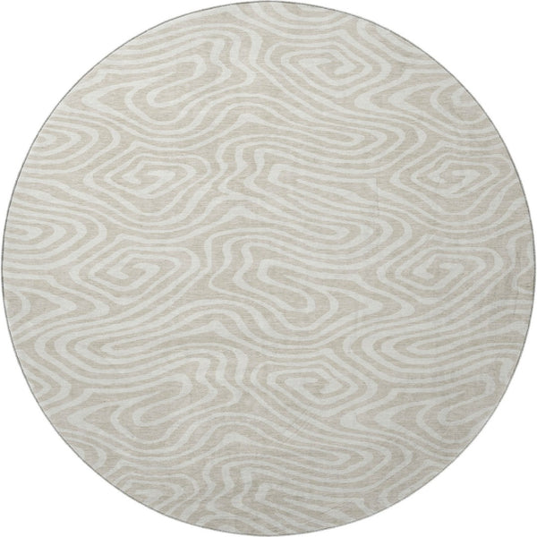 HomeRoots 8' Beige and Ivory Abstract Round Washable Rug - Stain Resistant, UV Protected for High Traffic Areas 680064