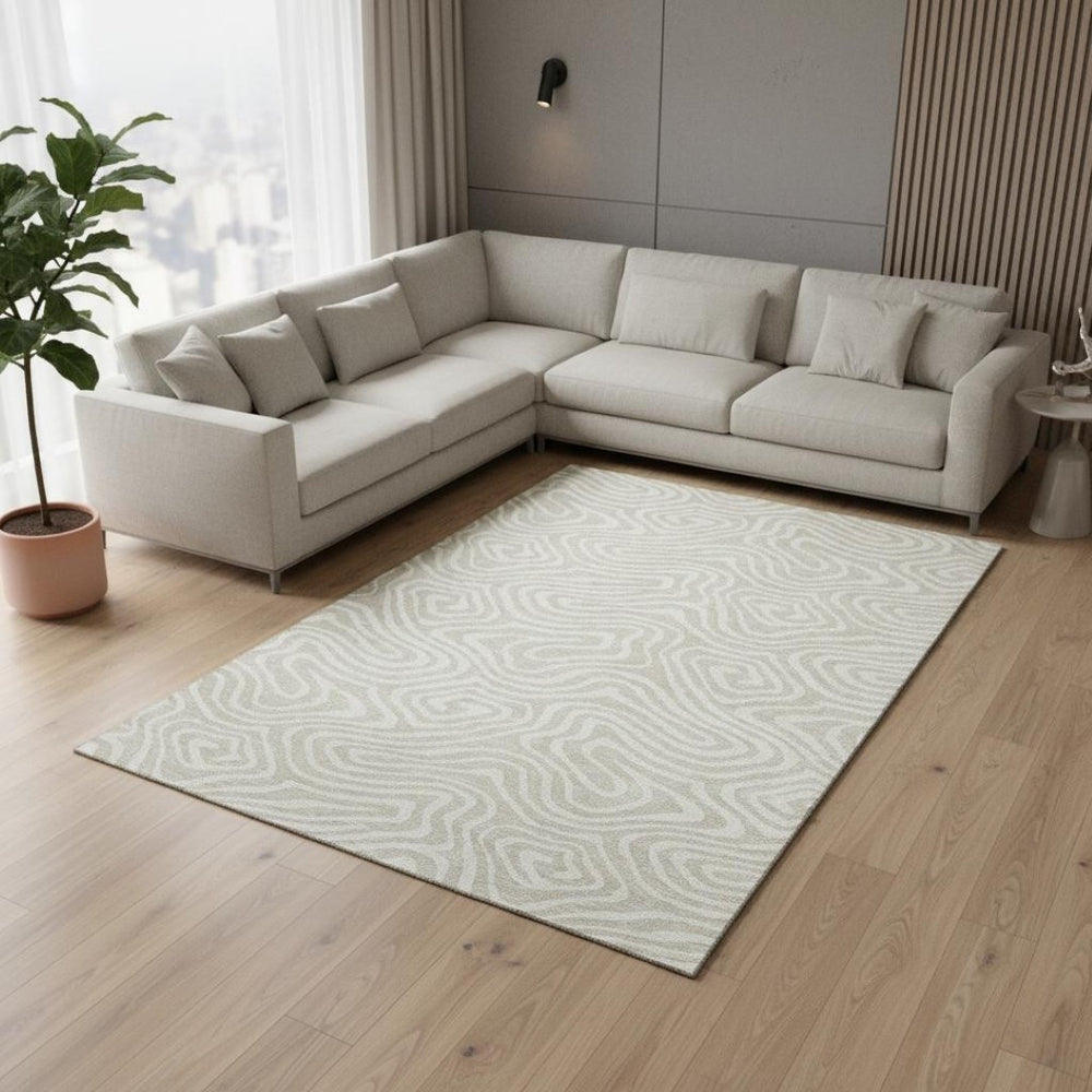 HomeRoots 9' X 12' Abstract Beige and Ivory Area Rug - Washable, Stain-Resistant with UV Protection for Homes 680066