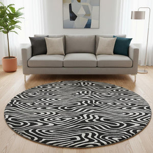HomeRoots 8' Black And Ivory Abstract Washable Round Rug – Durable, Stylish, Stain-Resistant, UV Protected Design! 680070
