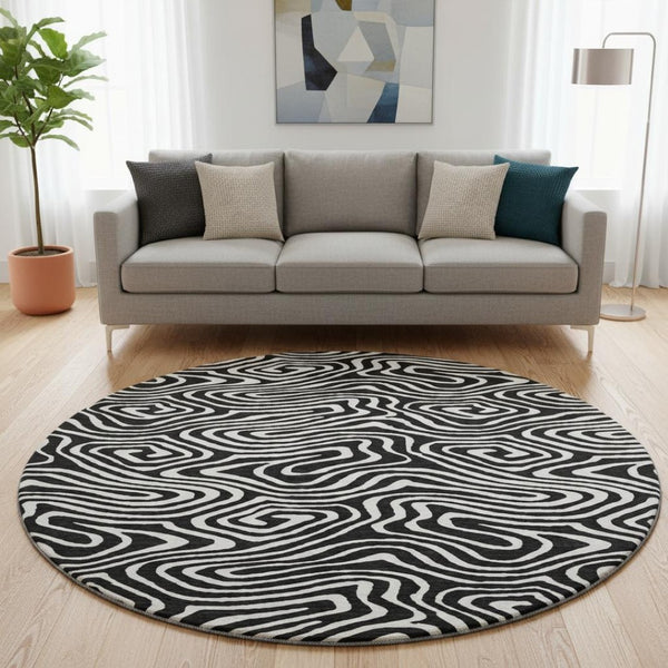 HomeRoots 8' Black And Ivory Abstract Washable Round Rug – Durable, Stylish, Stain-Resistant, UV Protected Design! 680070